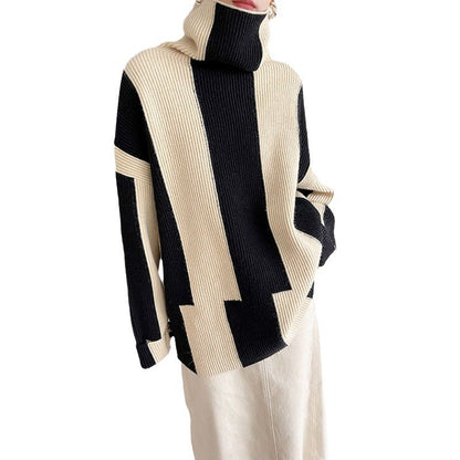 Idle Style Turtleneck Pullover Black And White Striped