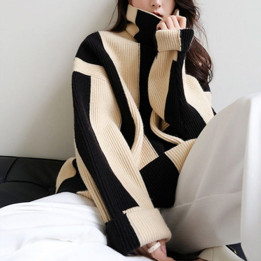 Idle Style Turtleneck Pullover Black And White Striped