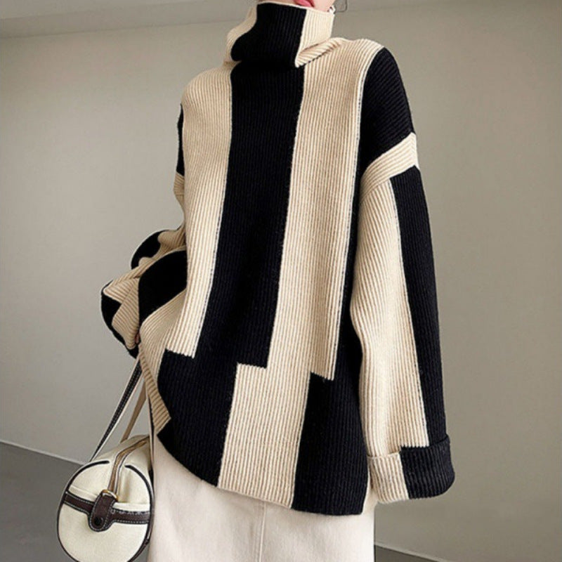 Idle Style Turtleneck Pullover Black And White Striped