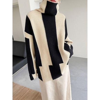 Idle Style Turtleneck Pullover Black And White Striped